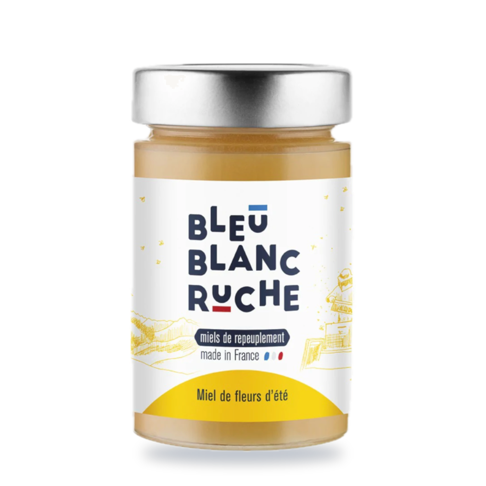 Pot de miel de fleurs d'été Bleu Blanc Ruche, 250 g