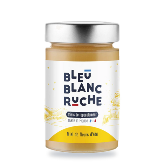 Pot de miel de fleurs d'été Bleu Blanc Ruche, 250 g